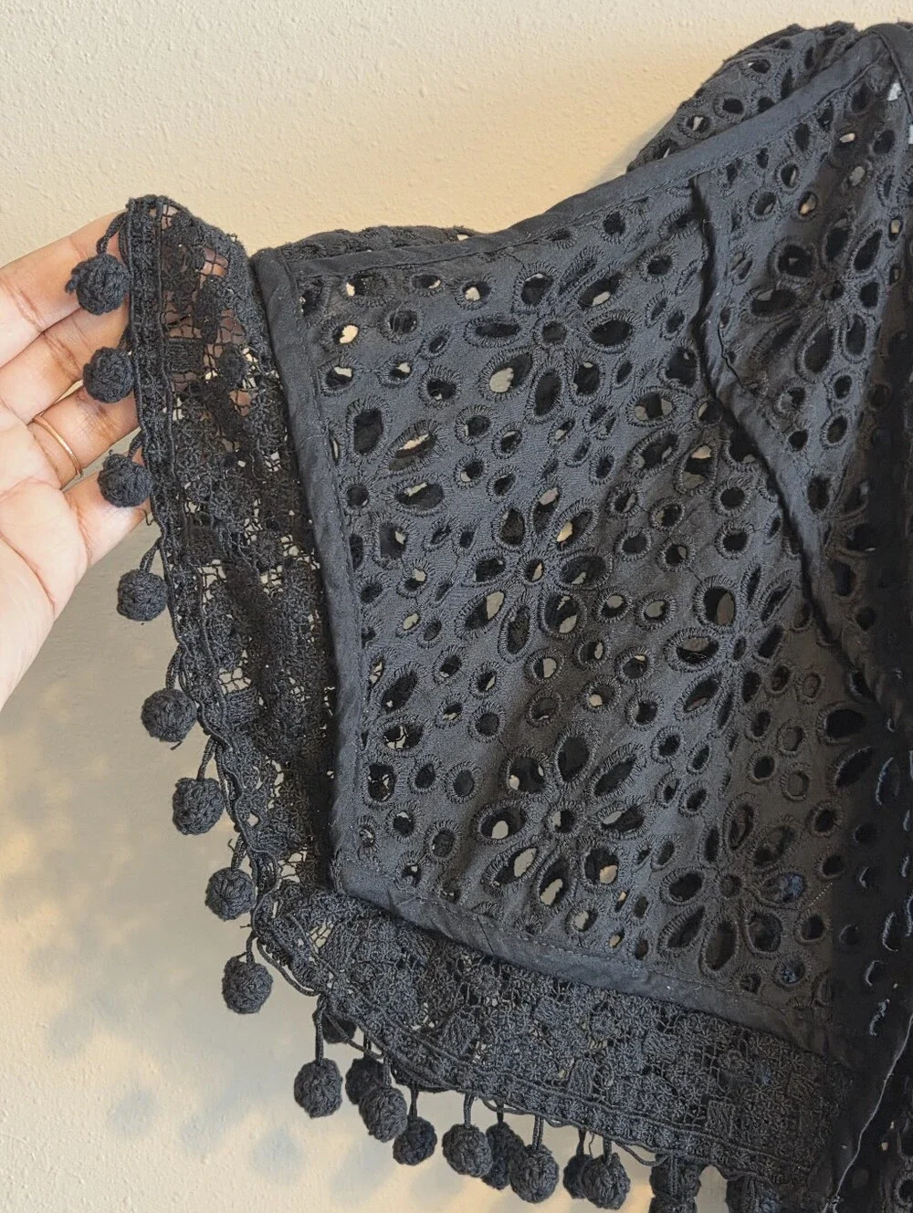 By Anthropologie Black Sheer Boat Neck Victorian Cutwork Eyelet Pom-Pom Top Sz S